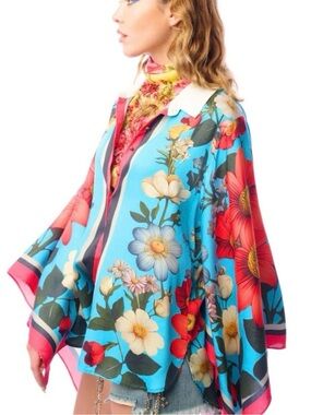 Aratta Floral Blue Silk Blouse XL NWT